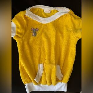 🌷 Vintage Early 80s Yellow Terrycloth Top w/ Trim and Hand Cross Stitched Mouse